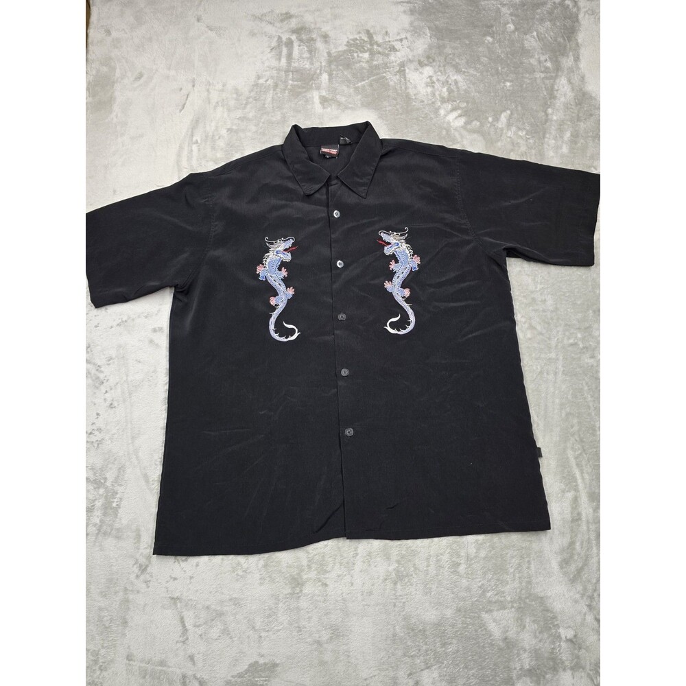 ​Silver Point Dragon Embroidered Button Up Shirt Black Mens XL Y2K Camp Casual